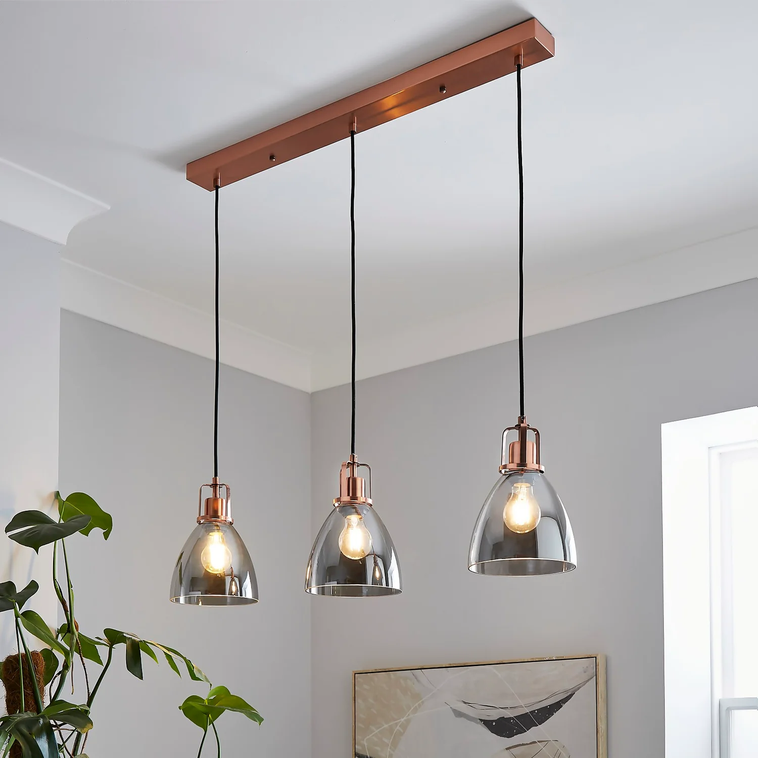 Decan 3 Light Diner Pendant - Smoke & Copper 3 Decan 3 Light Diner Pendant - Smoke & Copper
